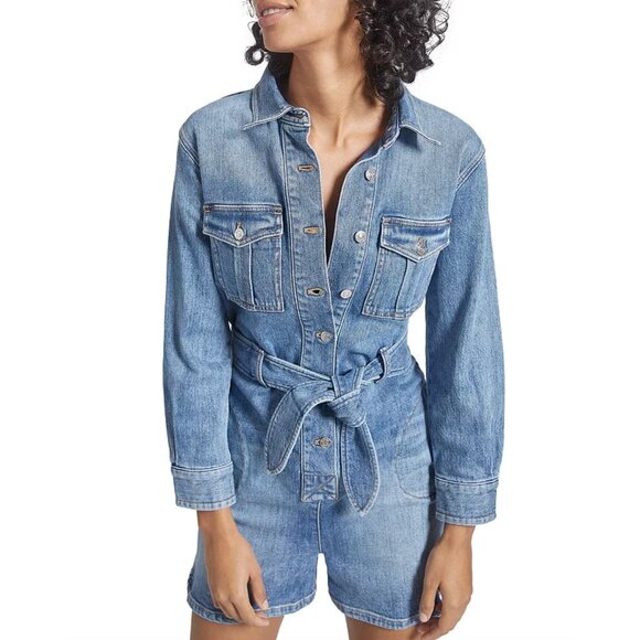 Current/Elliott The Ater Denim Romper w/Tie + Pockets Size 3 = Large MSRP$278.00 - Picture 1 of 13